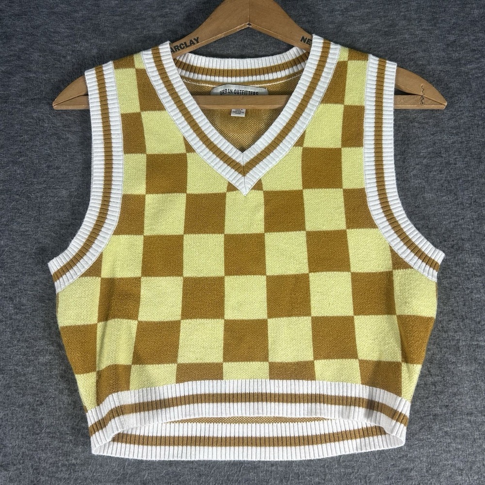 Urban Outfitters Vest Women's M Brown Yellow Checked Cropped Sweater Academia